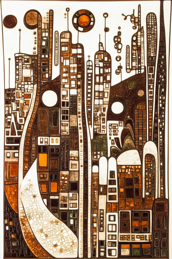 The artwork is a geometric abstract painting depicting a cityscape with tall buildings and a white sky. The buildings are made of small squares and rectangles in shades of brown, orange, and white. The overall effect is one of a stylized and idealized city, perhaps representing a futuristic or utopian vision.