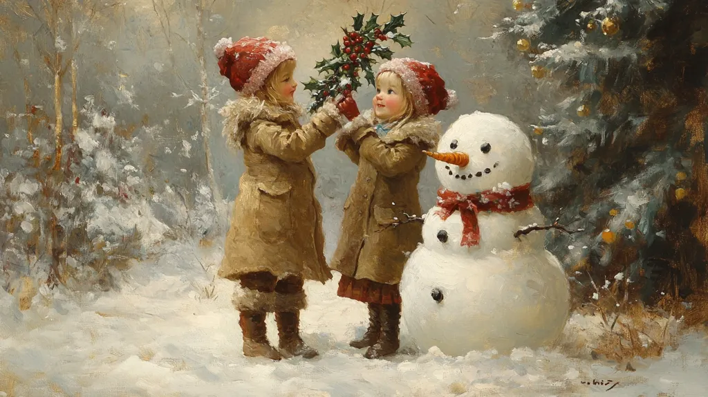Two children in winter attire stand in a snowy forest. The girl on the left is holding a sprig of holly. The girl on the right is smiling. They are both looking at a snowman with a carrot nose. There is a pine tree to the right of the snowman. The painting is done in a realistic style with warm colors. It is a charming and festive image.