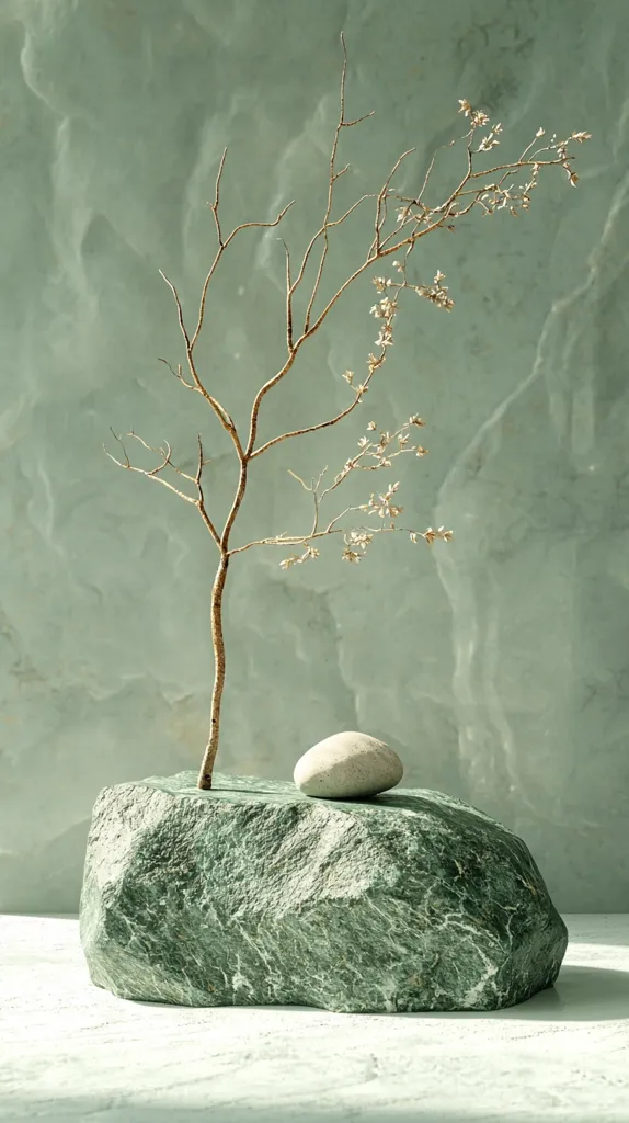 A single, slender branch with delicate, white blossoms sits atop a rough, green rock. The rock is nestled on a smooth, white surface, suggesting a serene and minimalist aesthetic. The background is a soft, textured green, creating a tranquil and calming scene. The interplay of light and shadow adds depth and dimension to the composition.  The image evokes feelings of peace and contemplation.