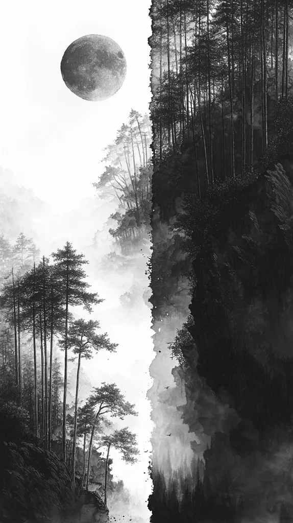 The image shows a black and white illustration of a forest split in two by a vertical line. On the left side, the trees are silhouetted against a cloudy sky with a large, full moon hanging in the distance. On the right side, the trees are denser and darker, with a rocky, shadowy landscape in the foreground. The image evokes a sense of mystery and contrasts light and darkness.