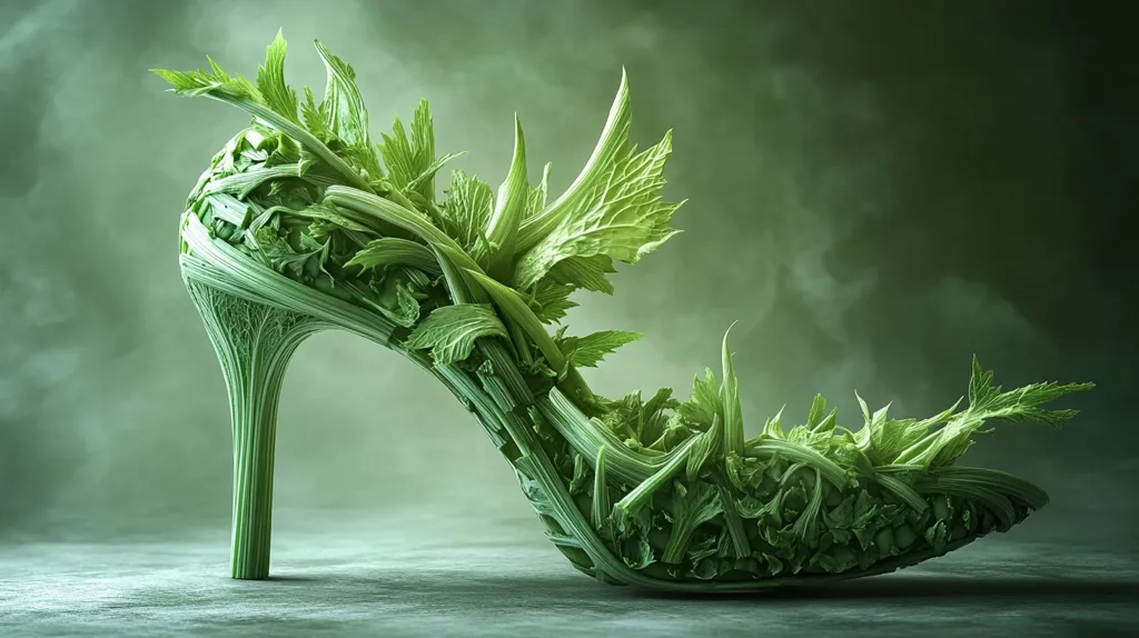 A high-heeled shoe, crafted entirely from verdant celery stalks, stands on a grey surface.  The intricate design of the shoe, with its delicate leaves and interwoven stems, creates a visually stunning and unexpected fashion statement. The green hue of the celery and the soft, smoky background evoke a sense of nature and organic beauty.
