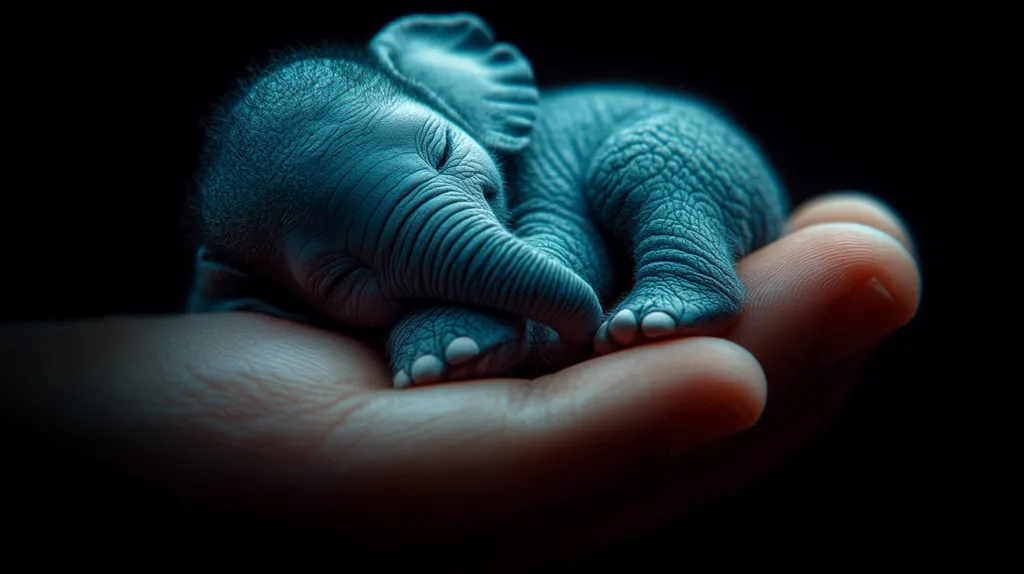 A tiny baby elephant, with wrinkled blue-grey skin and large floppy ears, sleeps soundly in the palm of a human hand. The elephant's eyes are closed and its trunk is tucked under its body, its feet curled up. The image captures the fragility and innocence of this young creature.