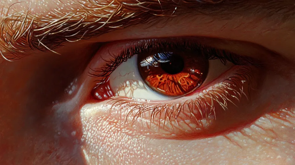 The image is a close-up of a person's eye. The eye is brown and has long, thick eyelashes. The iris is a deep brown and the pupil is black. The eyebrow above the eye is thick and bushy. The skin around the eye is smooth and pale. The image is in focus and the details are sharp. The light is coming from the top right and creates a shadow underneath the eyebrow.