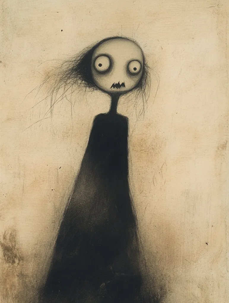 The image is a simple, stylized drawing of a person with a large head and exaggerated features. The figure has a worried expression with large eyes and a slightly open mouth. They are depicted in a dark, shadowy robe against a light, textured background, creating a sense of mystery and unease.  The overall composition is sparse and minimalist, highlighting the figure's emotional state.