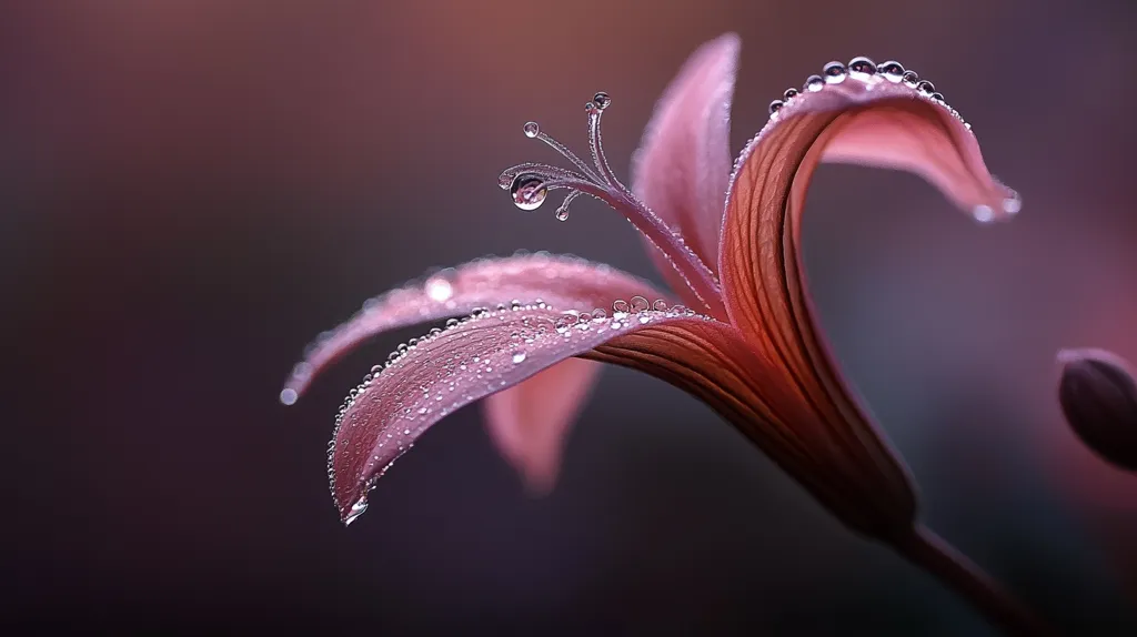 A single pink lily petal with a delicate, curved stem is covered in water droplets. The background is a soft, blurred purple. The image is focused on the detail of the water droplets and the texture of the lily petal.  The light catches the droplets, making them sparkle.  The flower seems to be swaying gently.
