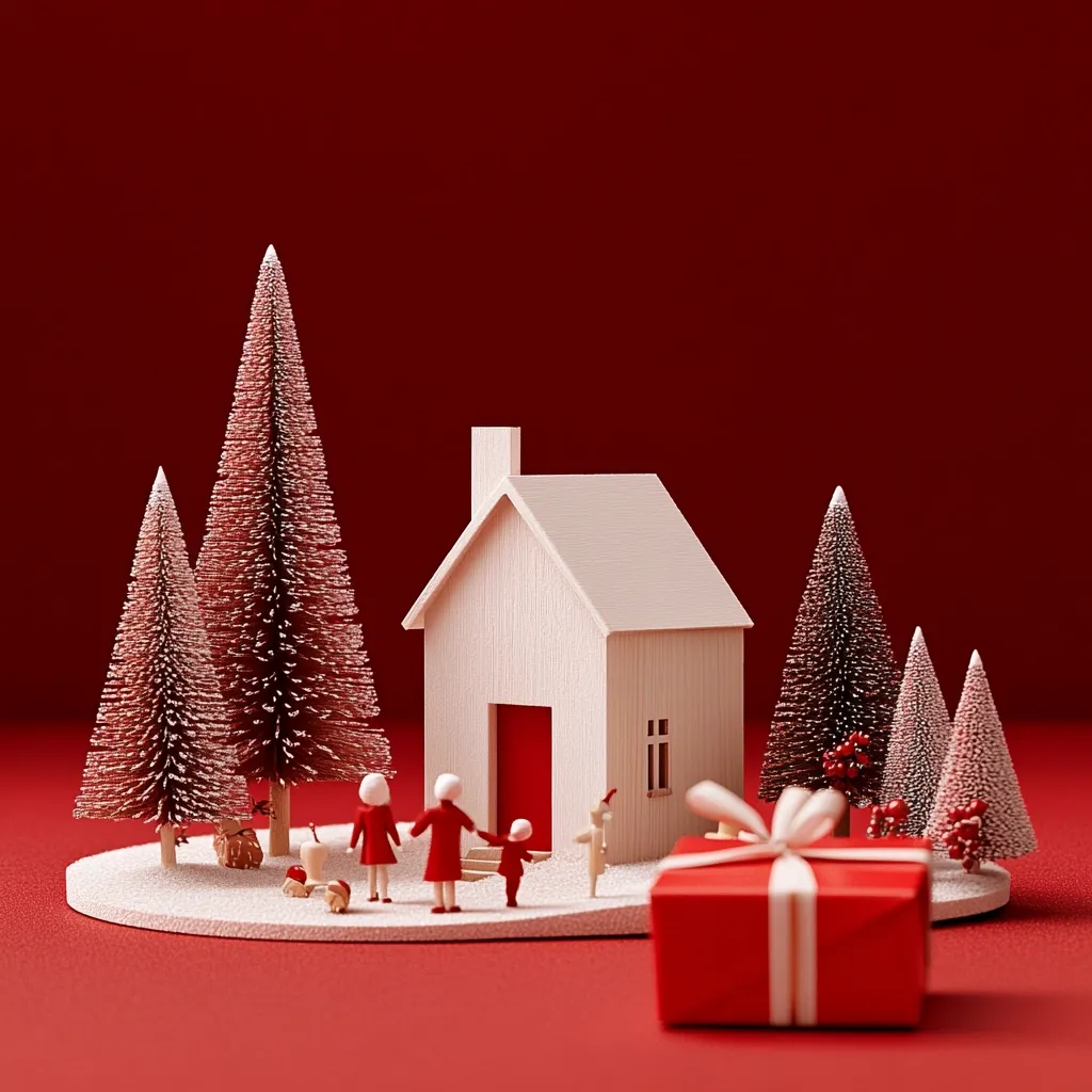 A miniature white house sits amongst miniature Christmas trees on a snowy base. A small family of three stands in front of the house, with a red gift box in the foreground. The entire scene is set against a vibrant red background. The image evokes a sense of festive cheer and homeliness.