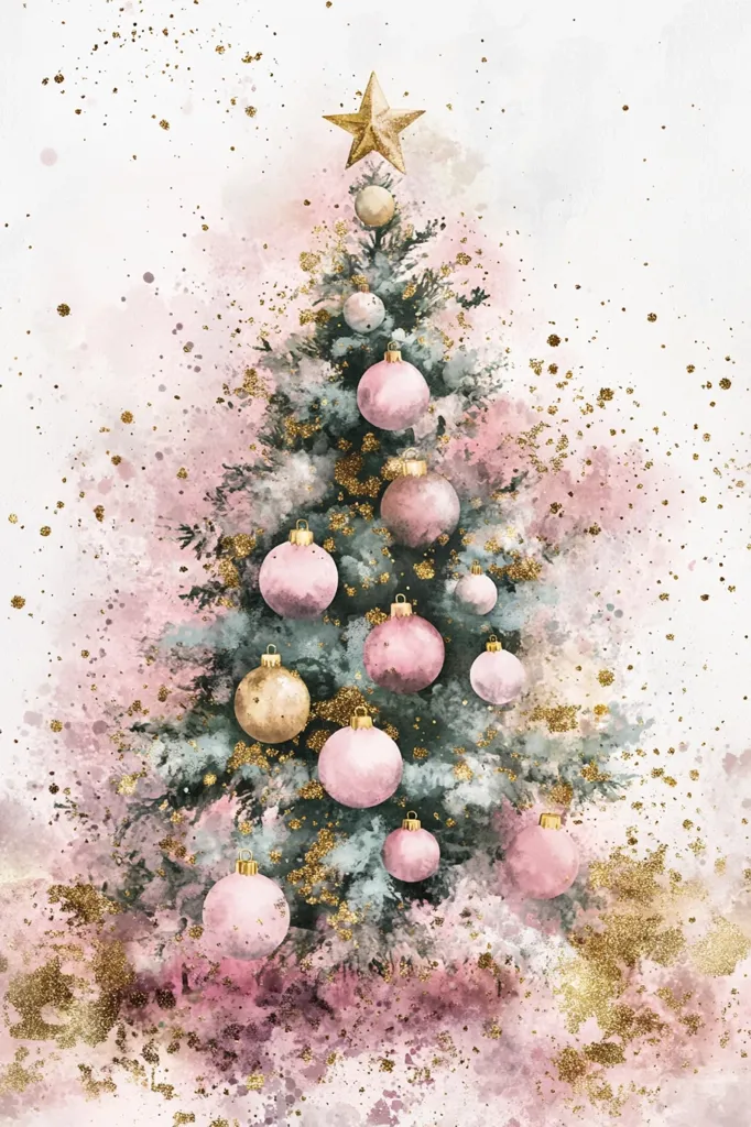 A watercolor painting of a Christmas tree adorned with pink and gold ornaments.  The tree is surrounded by a pink and gold watercolor background, giving the image a festive and romantic feel.  The use of watercolor creates a soft, dreamy effect, and the gold accents add a touch of sparkle. The image evokes a sense of warmth and joy, perfect for the holiday season.