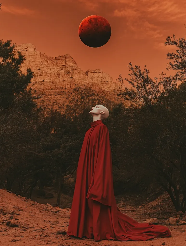 A lone figure, dressed in a flowing red cloak, stands in a desolate landscape. The figure's head is tilted back, gazing upwards towards a large, red moon in the sky. The landscape is barren and rocky, with sparse vegetation and a sense of isolation. The overall tone of the image is one of mystery and contemplation, evoking a sense of otherworldly wonder.