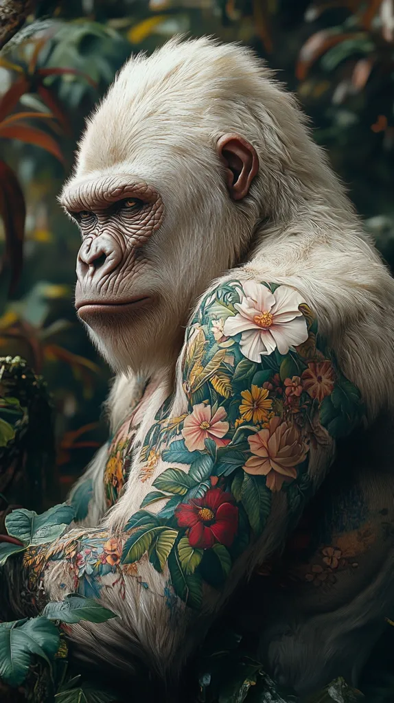 A white gorilla sits amongst lush greenery, its fur blending seamlessly with the foliage. The gorilla's arm is adorned with intricate floral tattoos, creating a striking contrast against its white coat. The tattoos feature various flowers, including roses, lilies, and daisies, all rendered with stunning detail and realism. The gorilla's gaze is fixed on something out of frame, creating a sense of mystery and intrigue. The overall image is a captivating blend of nature and artistry, showcasing the beauty and power of both the animal and the human touch.