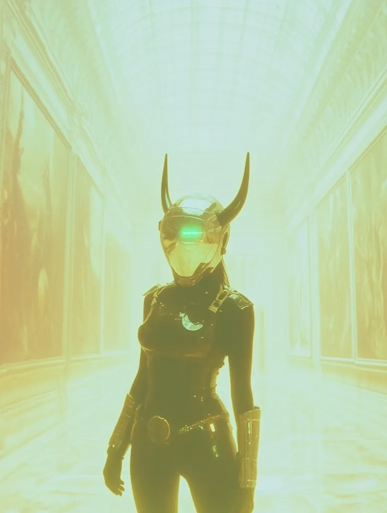 A figure in a black bodysuit with a silver helmet and horns stands in a yellow-toned hallway. The helmet has a green light that illuminates the figure's face. The hallway is lined with large, blurred, and indistinct paintings, creating a surreal and almost dreamlike atmosphere.