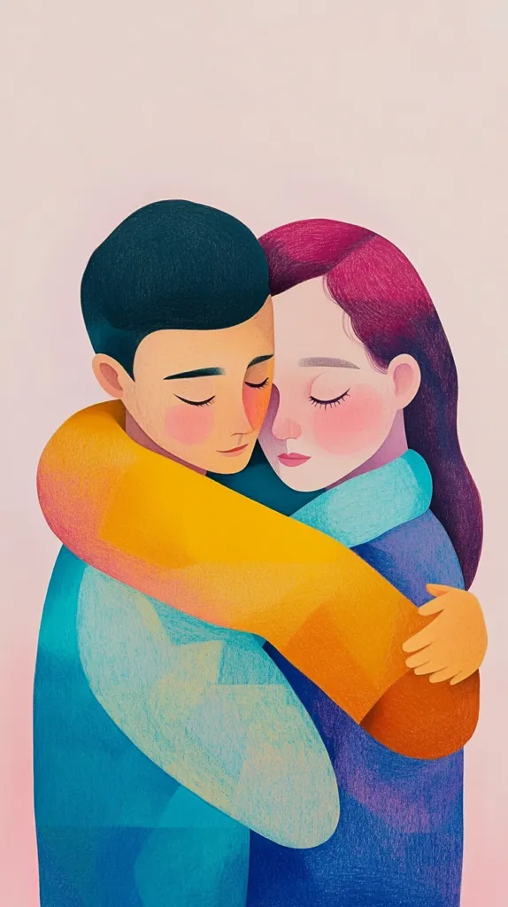 A man and a woman are embracing each other tightly. The woman has pink hair and is wearing a blue and purple outfit, while the man has dark hair and is wearing a blue and yellow outfit. Their eyes are closed and they appear to be in a state of love and intimacy. The background is a soft pink color, which adds to the romantic ambiance. The illustration is stylized and uses bold colors and simple shapes, creating a sense of warmth and tenderness.