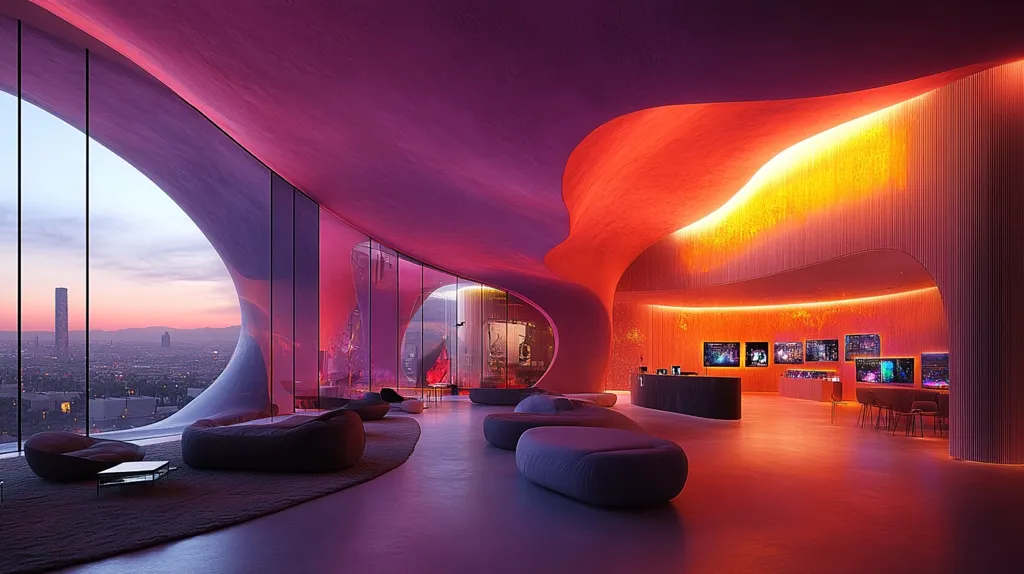 The image shows a modern, brightly lit lounge area with a large window overlooking a cityscape. The room is decorated with sleek, futuristic furniture and a curved wall with soft, orange lighting. The ceiling is also curved, adding to the contemporary feel. The cityscape is visible through the large window and features a sunset, casting a warm glow over the scene.