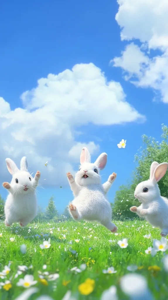 Three white bunnies are leaping through a field of green grass and white flowers. They are all looking up, with their ears perked. The sky is bright blue and there are white clouds floating in the sky. One flower is falling from the sky. The image is bright and cheerful.