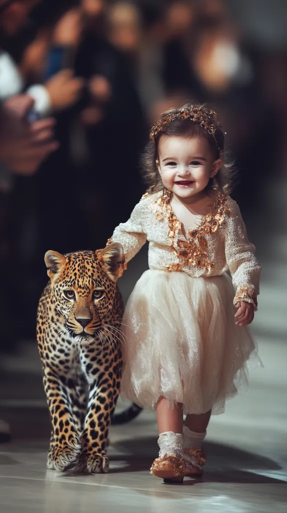 A young girl in a white dress with gold embellishments walks down a runway with a leopard. She is smiling and her hair is adorned with a gold headband. The leopard is walking beside her, its spots contrasting sharply with the girl's white dress. The background is blurred, suggesting a fashion show or event. The image is warm and inviting, capturing a moment of innocence and beauty.