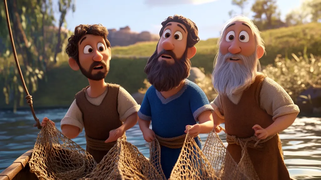 Three animated men in a boat are pulling in a fishing net.  The man on the left is looking over his shoulder with a surprised expression, while the man in the middle is looking at the net with a hopeful expression. The man on the right is looking at the net with an expression of wonder.  The boat is in a river, with green banks and trees in the background. The sky is blue and sunny.  The image is rendered in a cartoon style, with bright colors and exaggerated features.