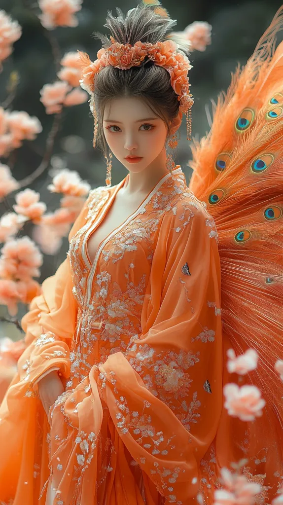 A young woman in a beautiful orange gown adorned with white flowers stands amidst a background of pink blossoms. Her hair is styled with a flower crown, and she has a delicate, ethereal beauty. A large, intricate peacock feather fan with a vibrant orange hue is positioned behind her, adding a touch of drama and elegance to the scene. The overall image evokes a sense of fantasy and grace.