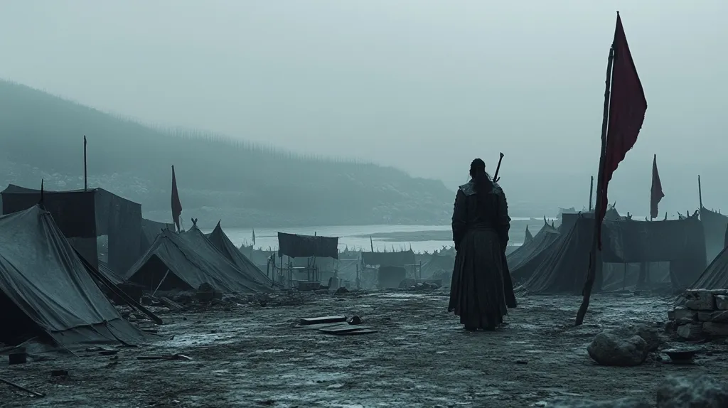 A lone figure, shrouded in a dark cloak, walks through a deserted, fog-laden encampment. The figure's back is turned, and their face is obscured by a hooded cloak. The encampment is sparsely populated, with a few tents visible in the distance, and a lone red flag waving in the mist. The scene is one of solitude and uncertainty, leaving the viewer to wonder about the figure's journey and destination.