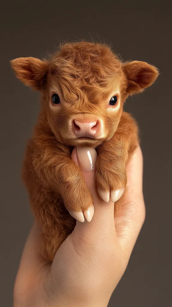 A fluffy, reddish-brown calf is held in a person's hand. The calf's eyes are wide open, and its nose is wet. The calf's fur is very soft and appears to be very young. The calf's hooves are visible, and they are small and delicate. The calf's expression is innocent and endearing. The background is a blurred brown color.