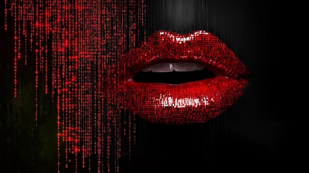 A close-up of a woman's red lips against a black background. The lips are made of digital code that is falling like rain. The image is dark and mysterious, with a hint of danger. It suggests that the woman is seductive and powerful, and that she is in control of her own destiny. The image is a great example of how digital art can be used to create beautiful and evocative images.