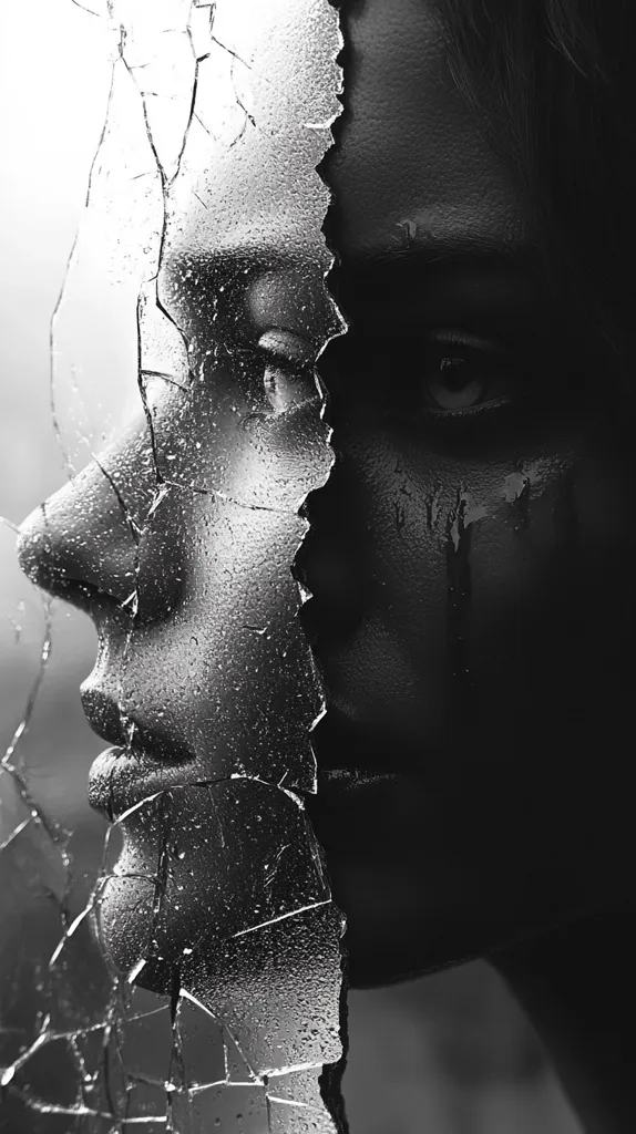 A black and white photograph of a woman's face, partially obscured by a cracked and broken pane of glass. The glass reflects light, creating a textured effect. The woman's expression is intense, with a hint of sadness in her eyes. The image is a powerful reminder of the fragility of life and the enduring power of human emotions.