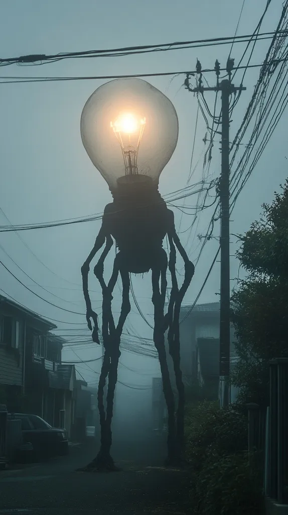 A large, shadowy figure resembling a giant lightbulb stands on a foggy street. It has spindly legs and a glowing light inside its head. Power lines crisscross the sky, adding to the eerie atmosphere. The figure stands between a row of houses and a thick stand of trees. The street is deserted, creating an unsettling sense of loneliness.  The image suggests a surreal, possibly dystopian world.