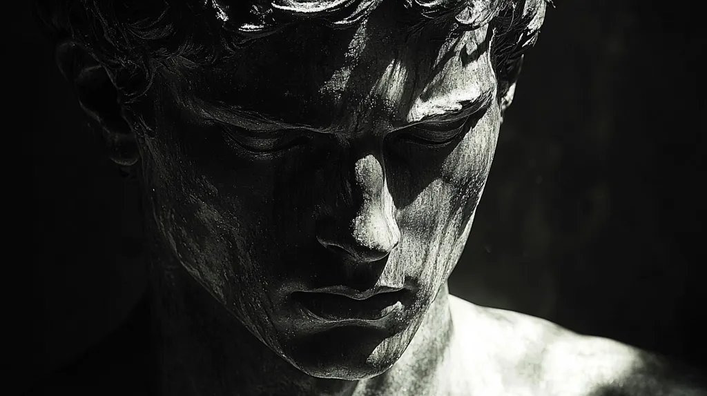 The image is a close-up, black and white photograph of a sculpture of a man's face. The sculpture is made of a rough, textured material, and the man's face is angled downward, his eyes closed, and his expression thoughtful or melancholic.  The light illuminates the sculpture from the top, casting shadows on the man's face and enhancing the texture of the sculpture. The dark background emphasizes the light and detail of the sculpture.  The image evokes a sense of somber contemplation.