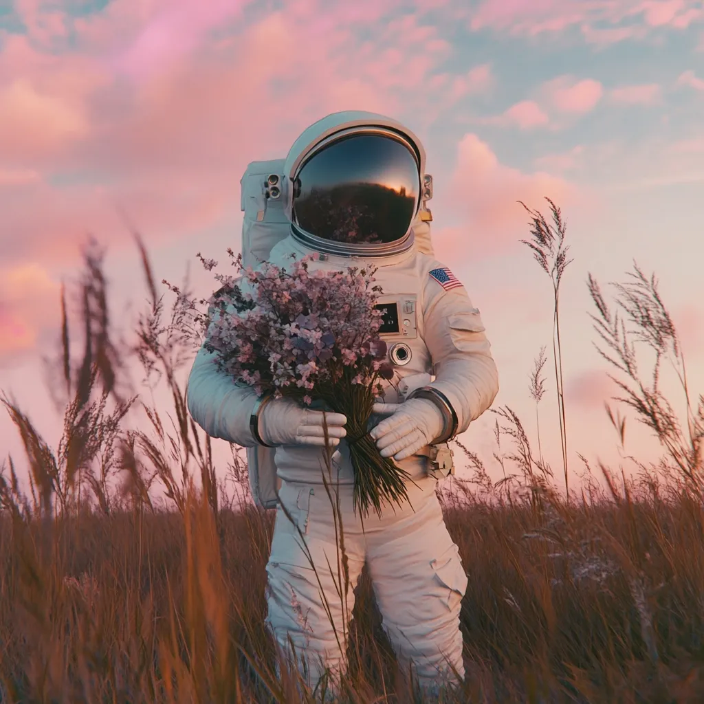 An astronaut, clad in a white spacesuit, stands in a field of tall grass, holding a bouquet of delicate pink flowers.  The sky behind is a vibrant mix of pink and purple, creating a dreamy, surreal scene.  The American flag patch on the astronaut's suit adds a touch of patriotism to this unexpected image.