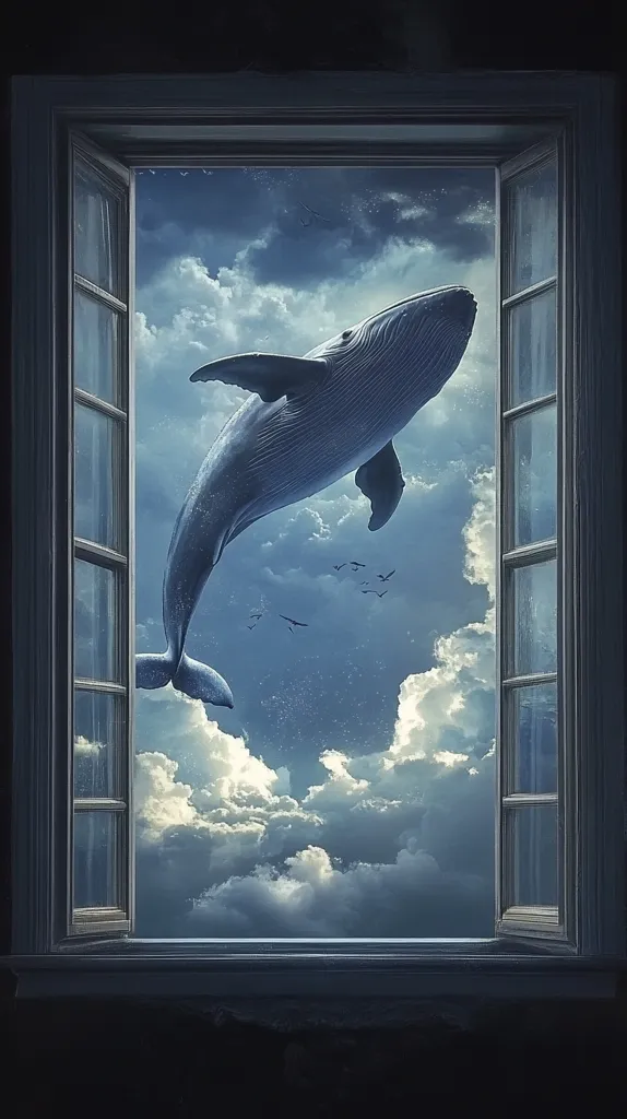 An open window reveals a fantastical scene: a large blue whale leaps through a sky filled with fluffy clouds. The whale's silhouette is stark against the bright blue sky, its tail splashing into the clouds below. Several small birds fly in the distance, adding to the whimsical and surreal nature of the scene.  The window frame is dark, creating a strong contrast with the bright scene outside.