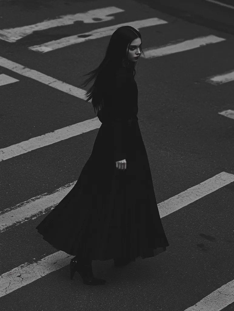 A woman in a long black dress walks across a street with white lines. The photo is in black and white, creating a moody and mysterious atmosphere. The woman's face is partially obscured by her long dark hair, adding to the enigmatic quality of the image.  Her posture and the way she walks suggest a sense of purpose and determination. The scene is simple but evocative, leaving room for the viewer to interpret the woman's story and her destination.