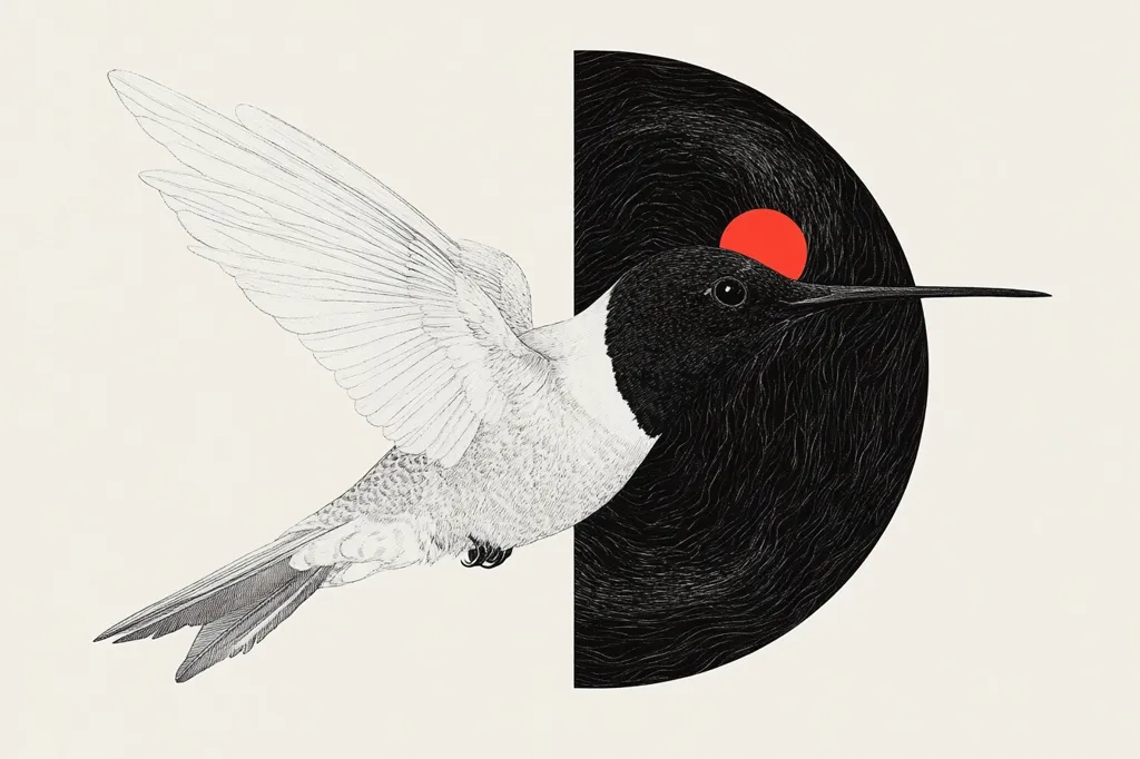 A black and white illustration of a hummingbird in flight, partially obscured by a black circle with a red circle in the center. The hummingbird's wings are spread and its tail is extended. The illustration is drawn in a detailed and realistic style.