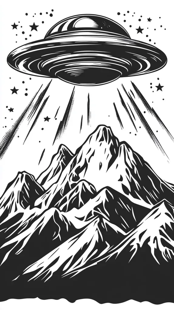 A black and white illustration of a UFO hovering over a mountain range. The UFO is a classic disc shape with a domed top and a large, round base. The mountains are jagged and rocky, and the scene is set against a backdrop of stars. The image is suggestive of a mysterious or even alien encounter.