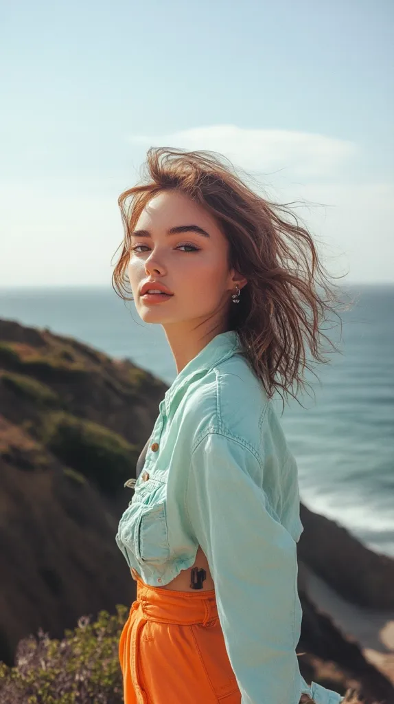 A young woman with long, dark hair, wearing a light blue denim jacket and bright orange pants, stands on a cliff overlooking a beach. Her hair is slightly tousled by the wind and she is looking over her shoulder with a slightly serious expression on her face. She is wearing a small earring in one ear. The image is taken in a natural outdoor setting with the blue sky and ocean in the background.