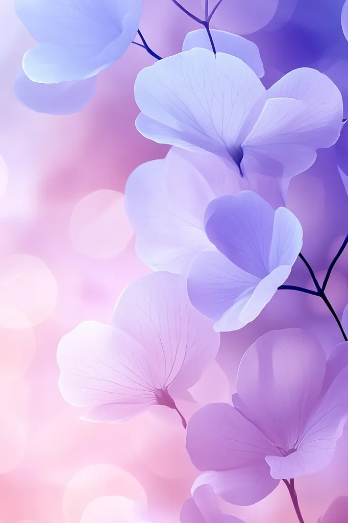 Delicate, pale purple flowers with intricate veins are gently layered, creating a soft and dreamy aesthetic. Their translucent petals seem to dance in the gentle breeze, while a dreamy pink-hued backdrop adds to the ethereal atmosphere. The image evokes a sense of serenity and tranquility, with the delicate beauty of the flowers taking center stage.