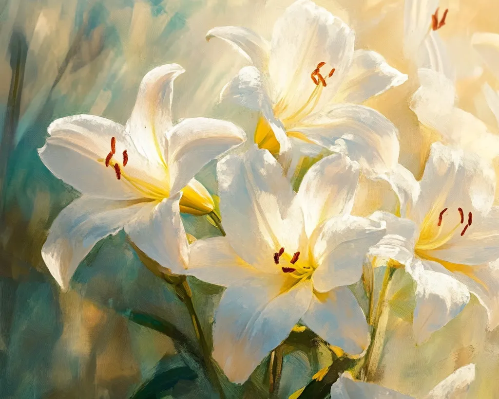 A close-up oil painting of a bouquet of white lilies. The lilies are depicted with thick strokes of white and yellow paint, creating a sense of texture and vibrancy. The background is blurred and painted in soft, warm tones of yellow and green, giving the impression of sunlight filtering through leaves. The overall composition is harmonious and evokes a feeling of peace and tranquility.