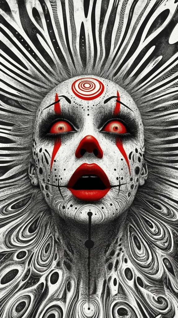 A black and white illustration of a person's face. Their eyes are large and red, their mouth is open in a scream, and they have black and white makeup that resembles a clown. Their hair is a swirling pattern of black and white lines. The overall effect is one of horror and shock.