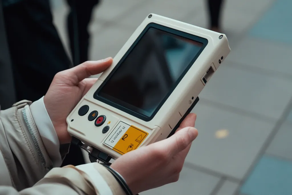 A person is holding a white rectangular device with a black screen. The device has a yellow sticker with the letter P on it. The device also has a black button and a red button. The person's hand is holding the device in front of their body. The background is blurred. The device looks like a futuristic handheld computer.