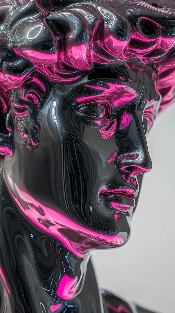 A close-up of a black and pink sculpture. The sculpture is a bust of a person with their head tilted slightly to the side. The sculpture's surface is highly reflective, and the pink color is like a light shining on the sculpture. The face is rendered in detail, from the prominent nose to the soft curves of the lips.  The sculpture's sleek, modern design gives it an otherworldly feel.