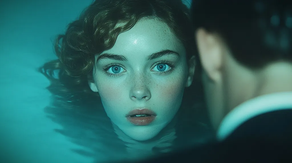 A young woman with short, curly brown hair and bright blue eyes stares intently at the viewer.  She is partially submerged in water, with her face illuminated by a blue light. The water creates an ethereal, dreamlike atmosphere. In the background, a blurred figure of a man can be seen, adding a sense of mystery to the image. The overall effect is one of intrigue and suspense.