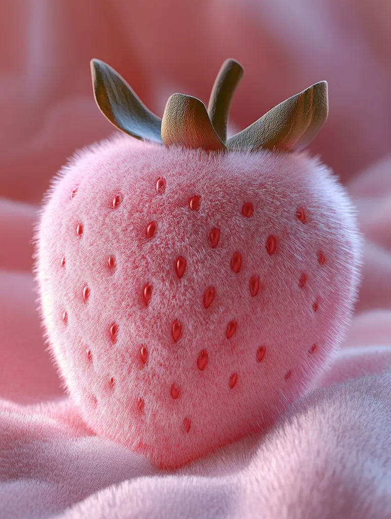 A pink, fuzzy strawberry with a green leafy crown sits on a soft, pink, fuzzy surface. The strawberry's surface is covered in tiny red seeds and its fur is soft and delicate. The overall image is whimsical and cute, with a touch of surrealism.