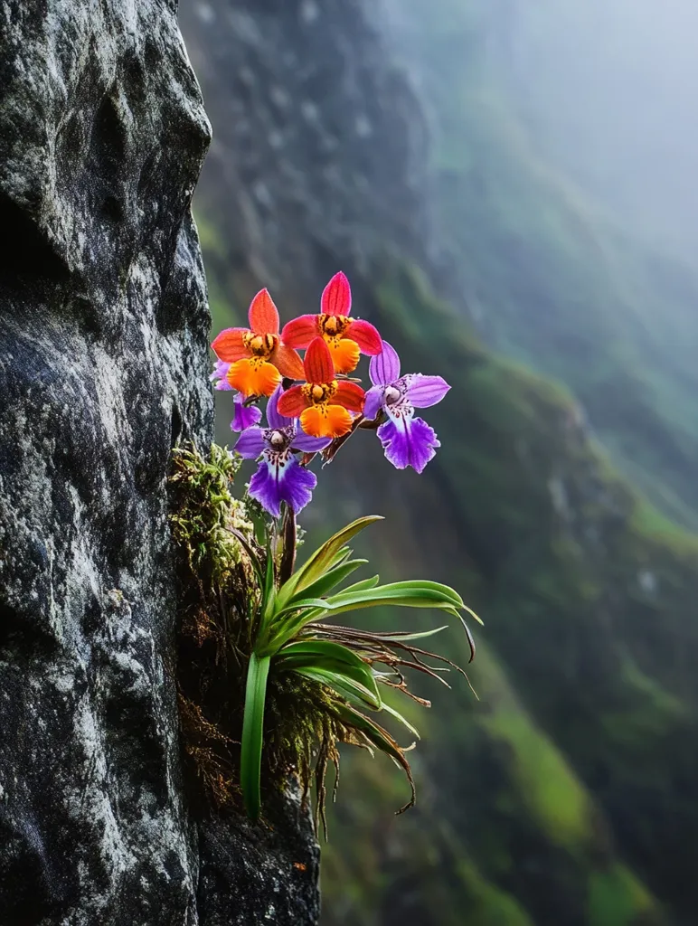 A vibrant cluster of orange and purple orchids blossoms precariously from a rocky cliff face. The delicate flowers contrast with the rugged stone, while the soft, green hillside provides a lush backdrop. The background is blurred, emphasizing the orchids' beauty and the precariousness of their location. The image evokes a sense of resilience and the delicate balance of nature.