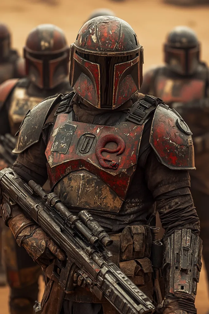 A Mandalorian warrior, clad in weathered red and black armor, stands in a desert landscape. He holds a heavy blaster rifle, his helmet adorned with a snake emblem. Other Mandalorians stand in the background, creating a sense of camaraderie and preparedness for battle.  The image evokes a sense of strength, loyalty, and danger.