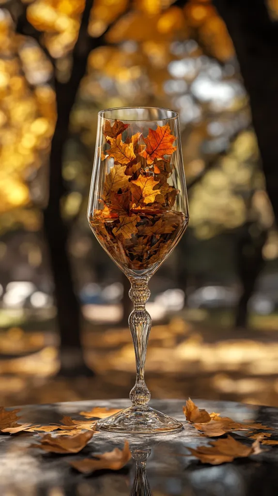 A wine glass filled with autumn leaves sits on a table. The leaves are dry and brittle, and the glass is clear and elegant. The background is a blurred image of trees in the fall, with the leaves changing color to vibrant reds and oranges. The scene is peaceful and serene, capturing the beauty of the season.