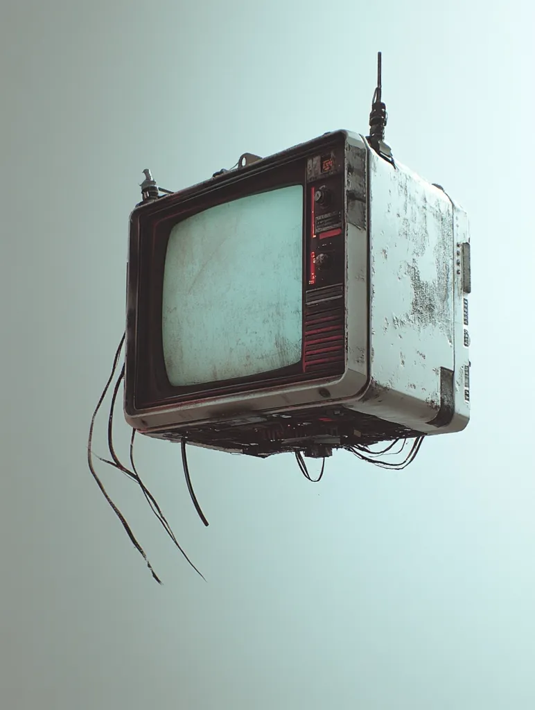 A vintage television with an antenna floats in mid-air against a pale gray background. The television is white with black and red accents. Its screen is off, and the edges of the screen show some visible wear and tear. Several wires and cords extend out from the bottom of the TV, adding to its disheveled appearance. The TV has a faded, worn-out look, suggesting it is an abandoned relic from a bygone era. The image has a retro and futuristic aesthetic, capturing a sense of nostalgia and wonder.