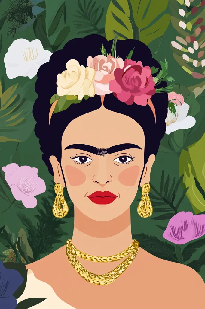 The image depicts a woman with dark hair, a flower crown, and a unique unibrow. She is wearing large gold earrings and a thick gold chain necklace. She is surrounded by lush green foliage and flowers. Her expression is serious and thoughtful. The overall mood of the image is one of strength and beauty.