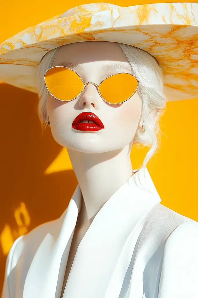 The image shows a woman with white hair wearing a white blazer and a large yellow hat. The hat is made of a textured material that looks like marble. She is wearing bright yellow sunglasses and has bright red lipstick. The background is a solid yellow color. The woman is looking at the camera with a slightly serious expression. The image has a strong contrast between the bright colors of the hat and the woman's pale skin and white clothes. The image is visually striking and evokes a sense of summer and style.