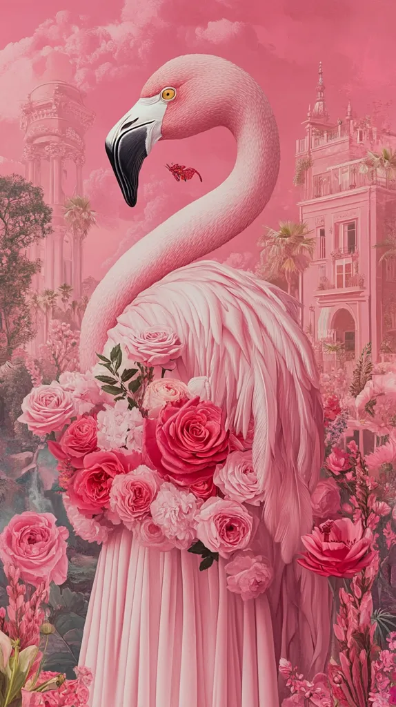 A pink flamingo stands in a pink and green garden, surrounded by a plethora of pink roses and other blooming flowers. The flamingo’s neck curves gracefully, and its wings are spread wide. The background features a pink building and lush foliage. The scene is bathed in a soft, pink light, creating a dreamy and whimsical atmosphere.
