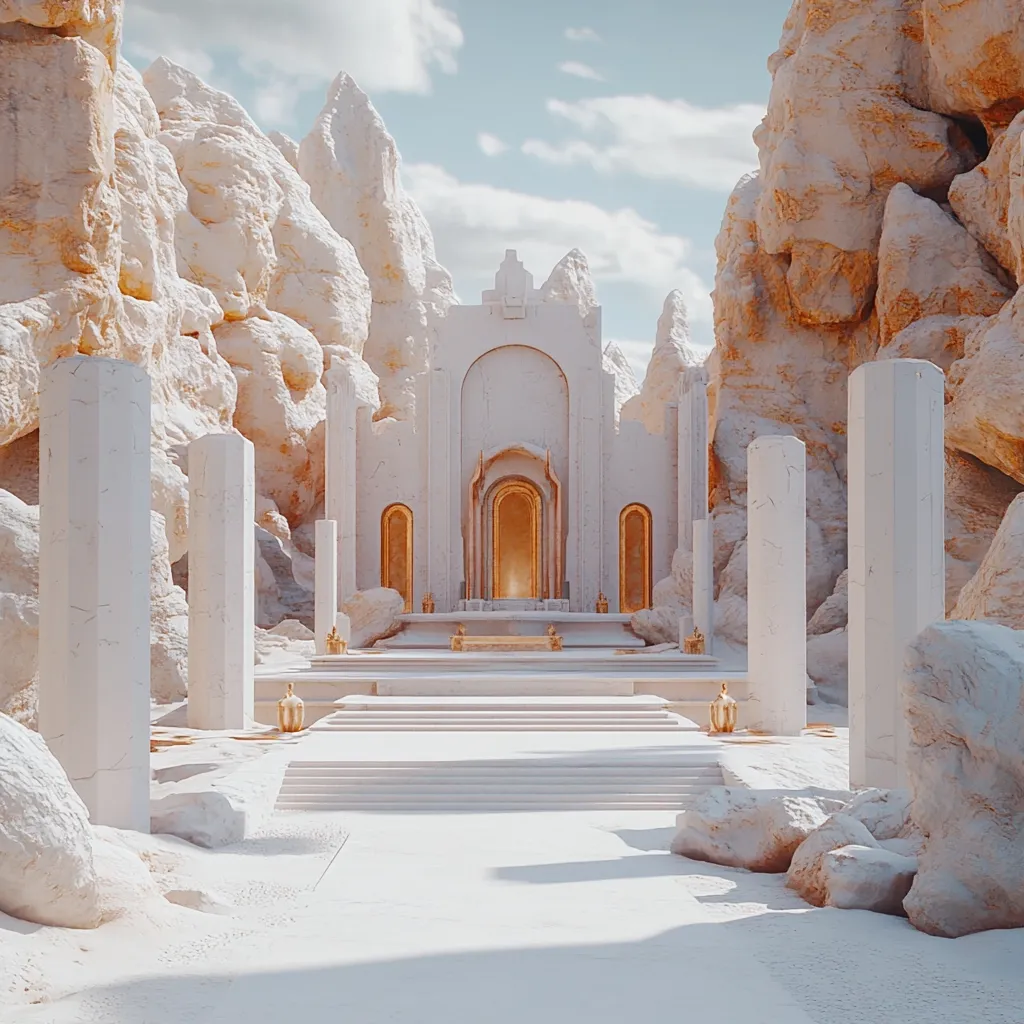 A white, architectural structure sits between two towering white rock formations, a grand staircase leading up to its entrance. The entrance is framed by tall, golden archways, and the structure is bathed in a warm, golden light. The sky is a soft blue with fluffy white clouds. The image has a mystical and ethereal quality, evoking a sense of wonder and awe.