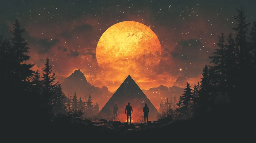 The image depicts a large, orange moon in a starry sky, with a triangular pyramid in the foreground. The pyramid is silhouetted against the moon and appears to have a starry interior. Three figures stand in front of the pyramid, looking up at the moon. The scene is set in a forest with tall, dark trees. The image evokes a sense of mystery and wonder.