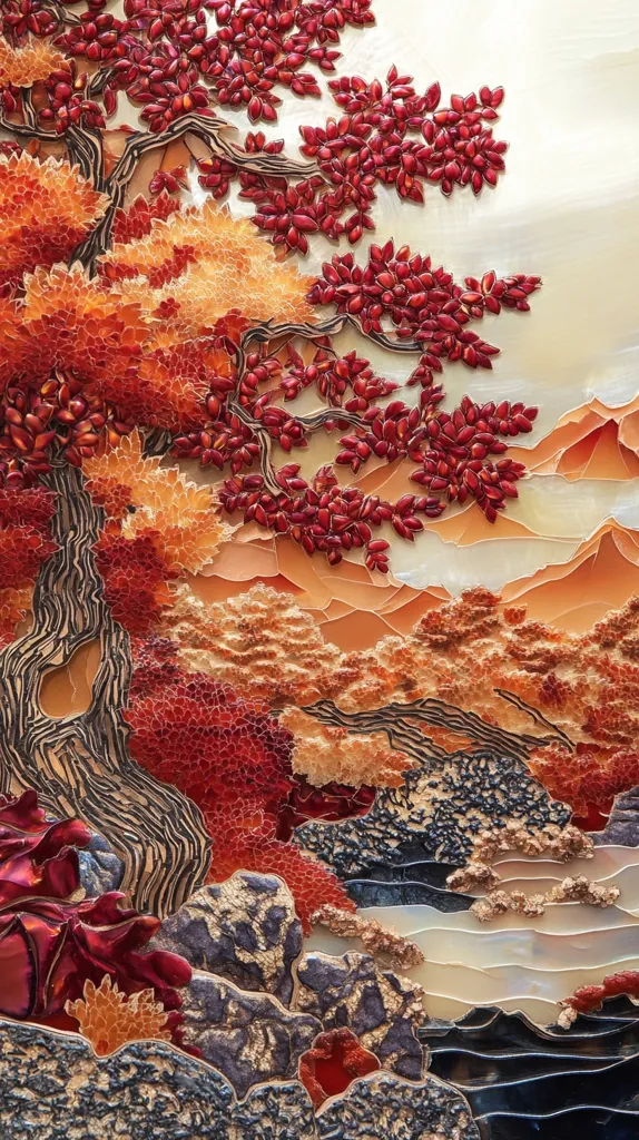 The image is a mosaic artwork depicting a Japanese-inspired landscape. A large, intricate tree with red and orange leaves dominates the foreground, its branches stretching towards a mountainous backdrop. The mountains are rendered in shades of brown and orange, with the sky a soft white. The entire piece is crafted from small, meticulously arranged pieces of various materials, creating a textured and colorful surface.
