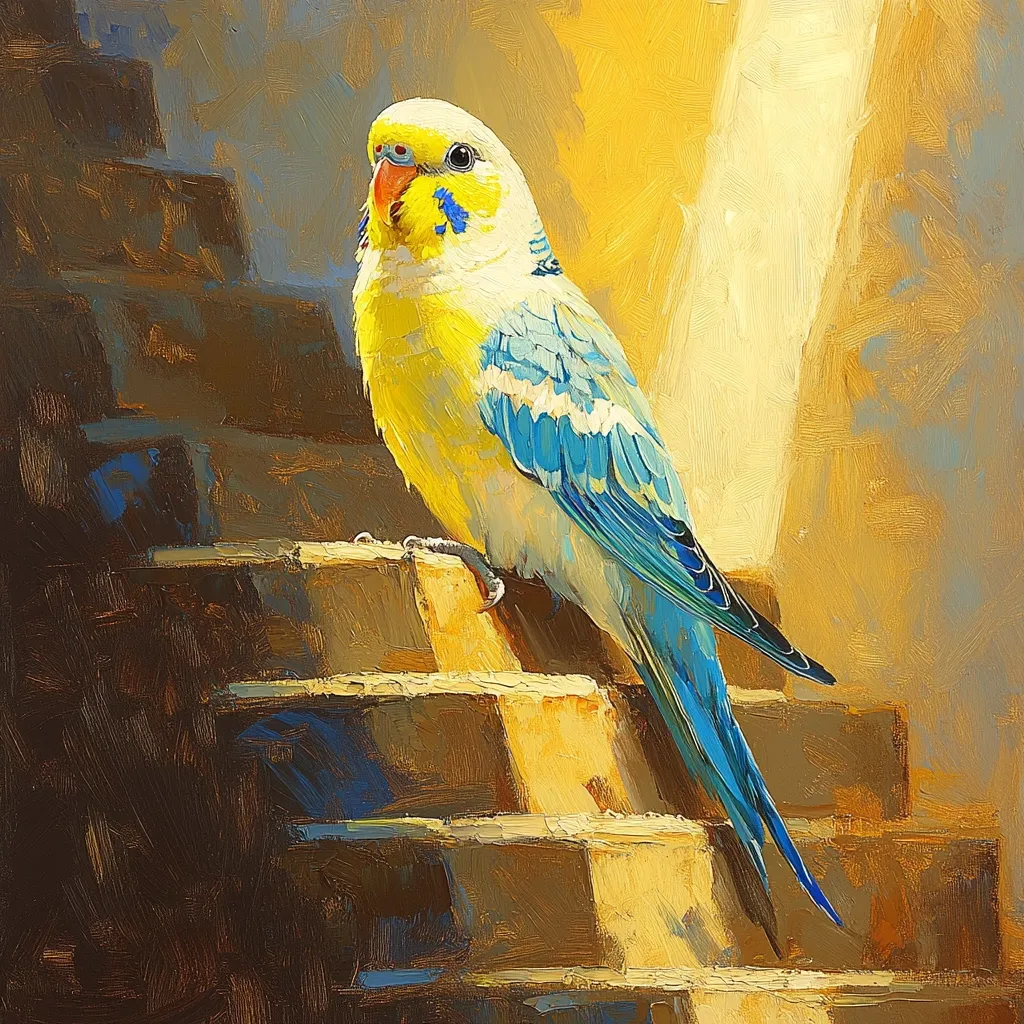 The painting depicts a yellow and blue parakeet perched on a set of wooden stairs.  The bird is facing the viewer, with its head tilted slightly to the side. The parakeet's feathers are painted in a realistic style, capturing their texture and shine. The background is a blurred, warm yellow, suggestive of sunlight.  The painting has a simple, yet elegant composition that draws the viewer's eye to the bird.  The overall feel is one of peace and tranquility.